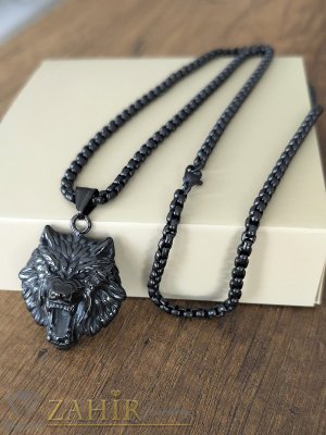 Черен стоманен ланец 65 см  кръгла бокс плетка с висулка уникална триизмерна глава на вълк 3,5 на 4 см - ML1736